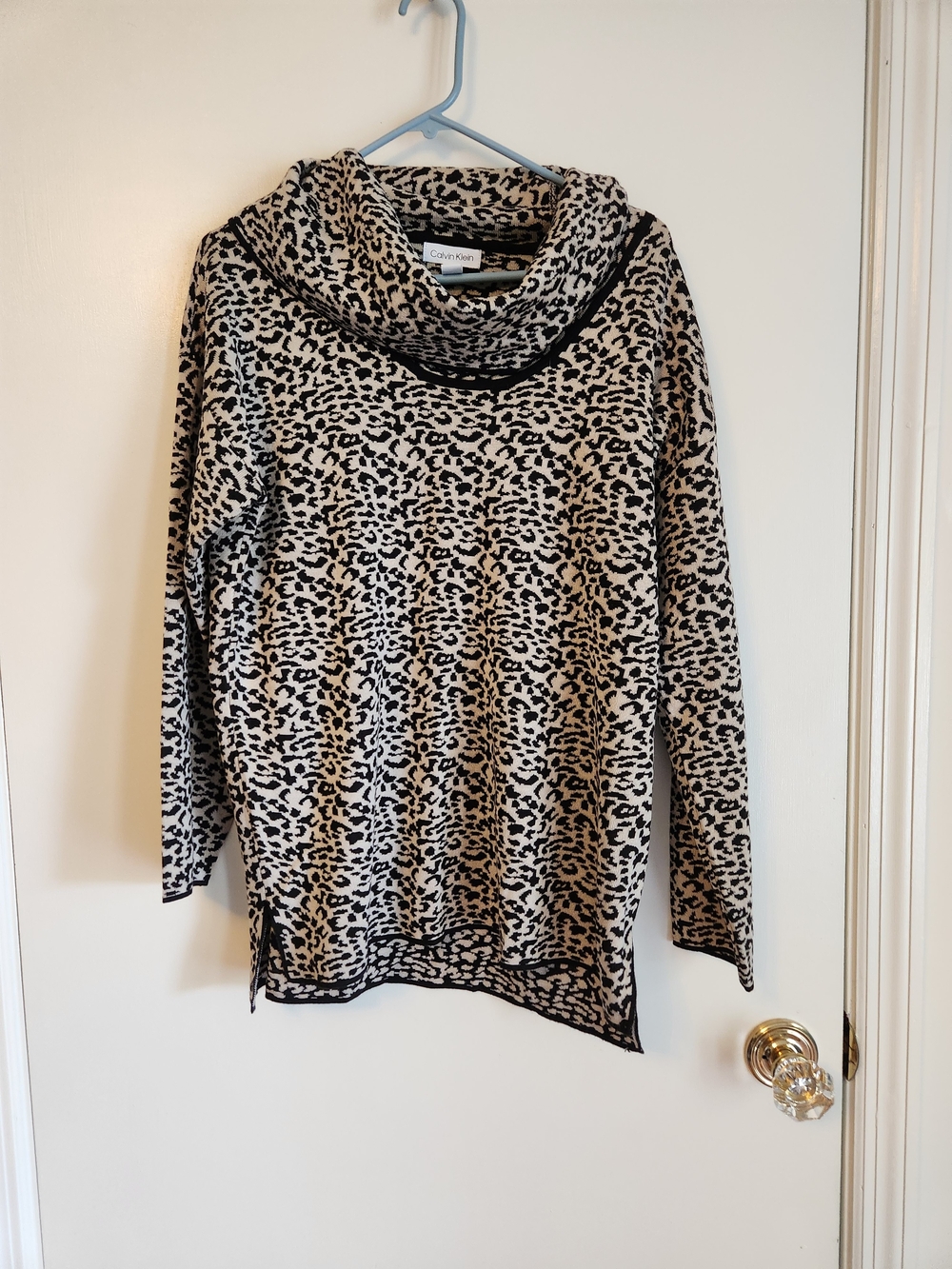 Calvin Klein Black and Tan Leopard Cowl Neck Sweater NWT